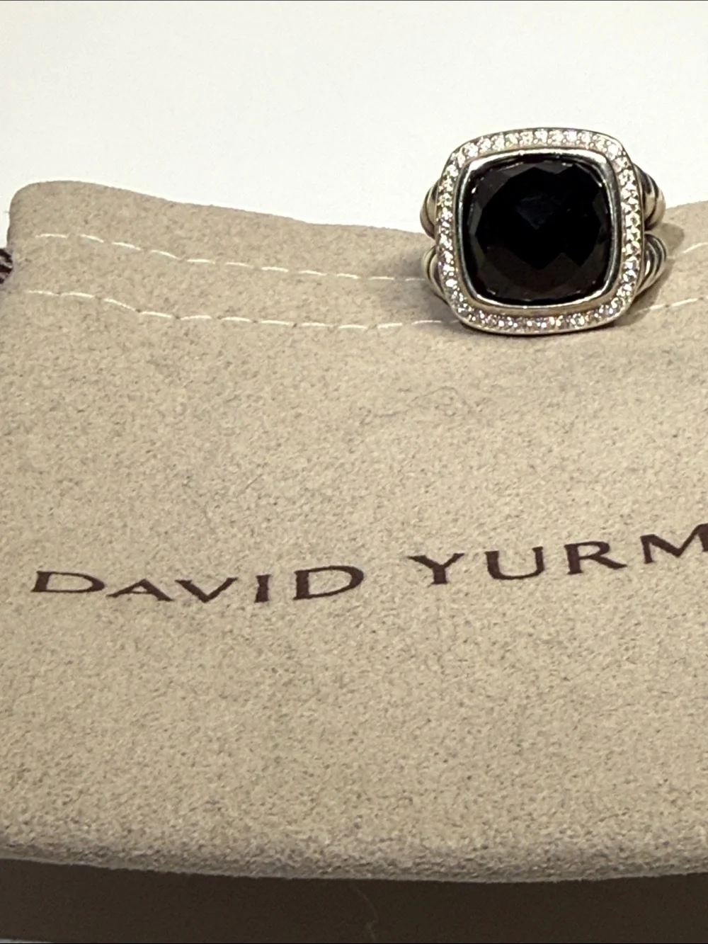 David Yurman Sterling Silver Ring with Black Onyx and Diamond Halo